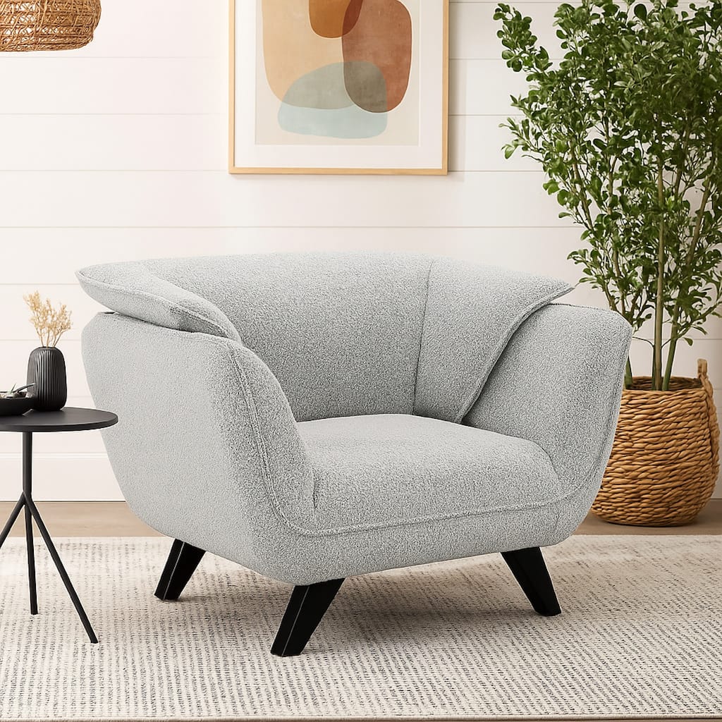 Naeli Accent Armchair, Rounded Back Light Gray Boucle, Solid Pine Wood