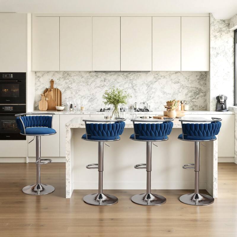 Velvet Upholstered Adjustable Bar Stool Swivel Counter Chair Set of 2 - Navy Blue/Silver - Set of 4