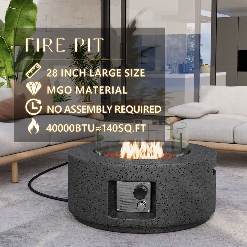COSIEST Outdoor White Round Fire Pit with Wind Guard
