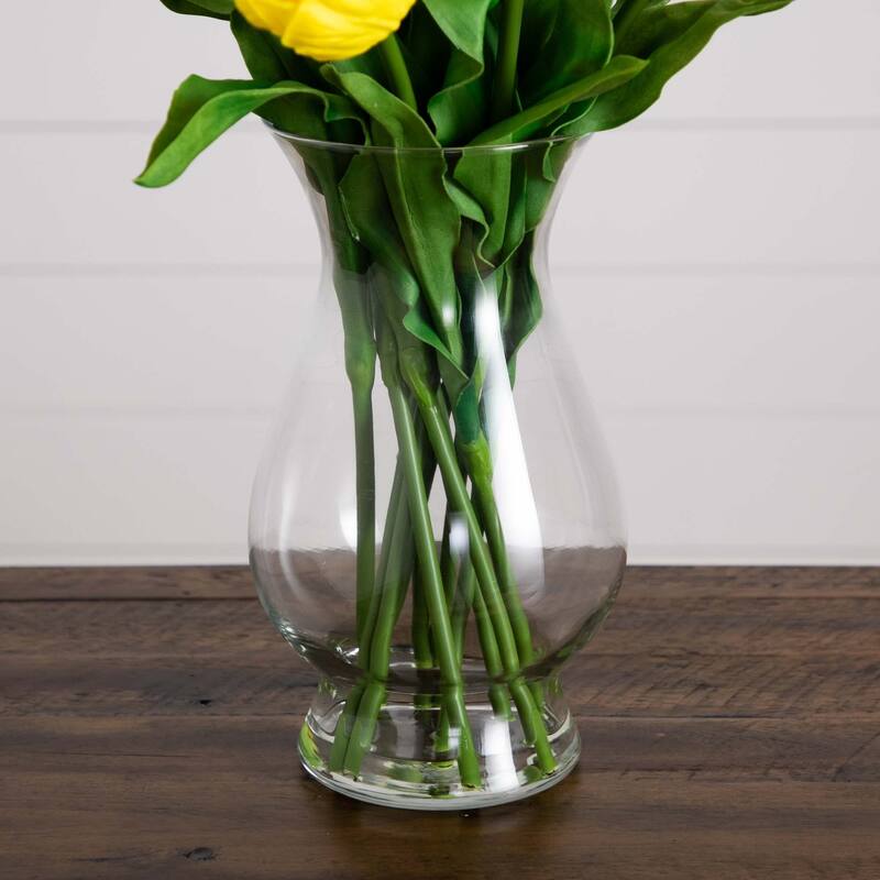 Tulip Artificial Floral Arrangement with Vase - 21" - Yellow and Green