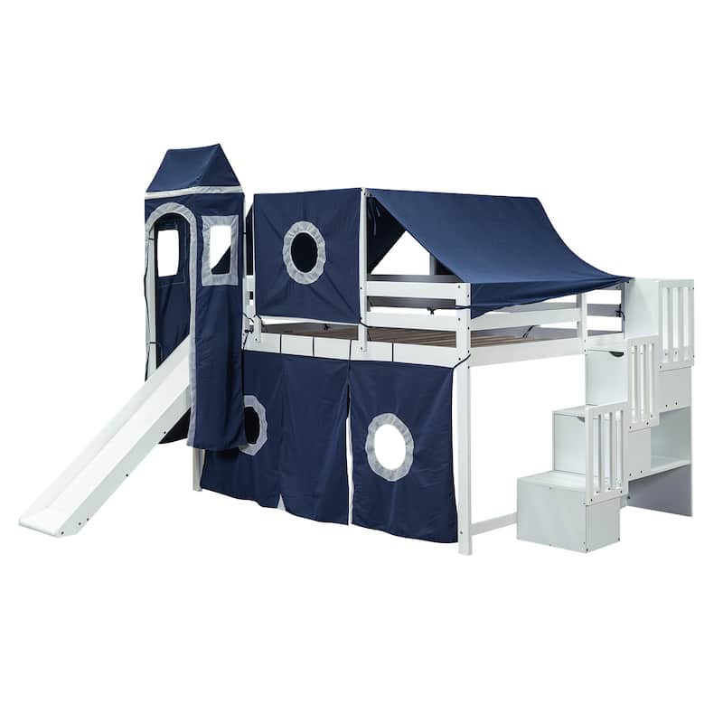 Loft Bed w/ Slide and Tent, Full Size Wood Loft Bed with Tower and Ladders Slide, Playhouse Bed