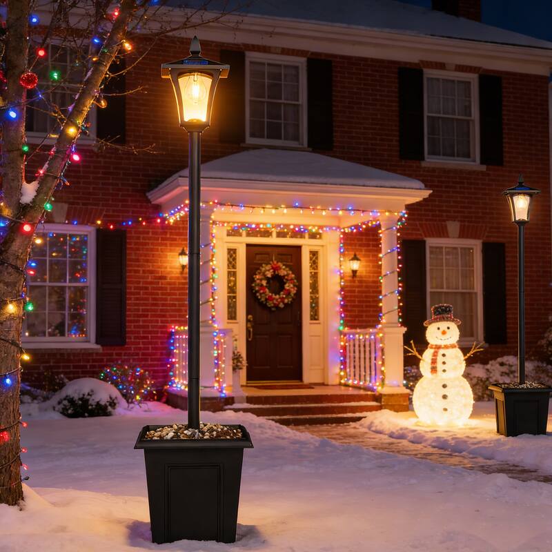 Outsunny 63" Solar Lamp Post Lights 2 Pack, Waterproof LED Solar Light Posts with Planter, Outdoor Lamps for Patio - Black