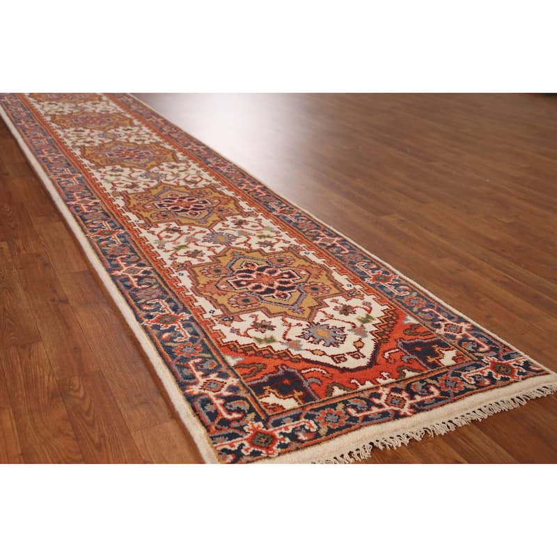 Traditional Heriz Serapi Runner Rug Hand-Knotted Beige Wool Carpet - 2'6" x 14'0"