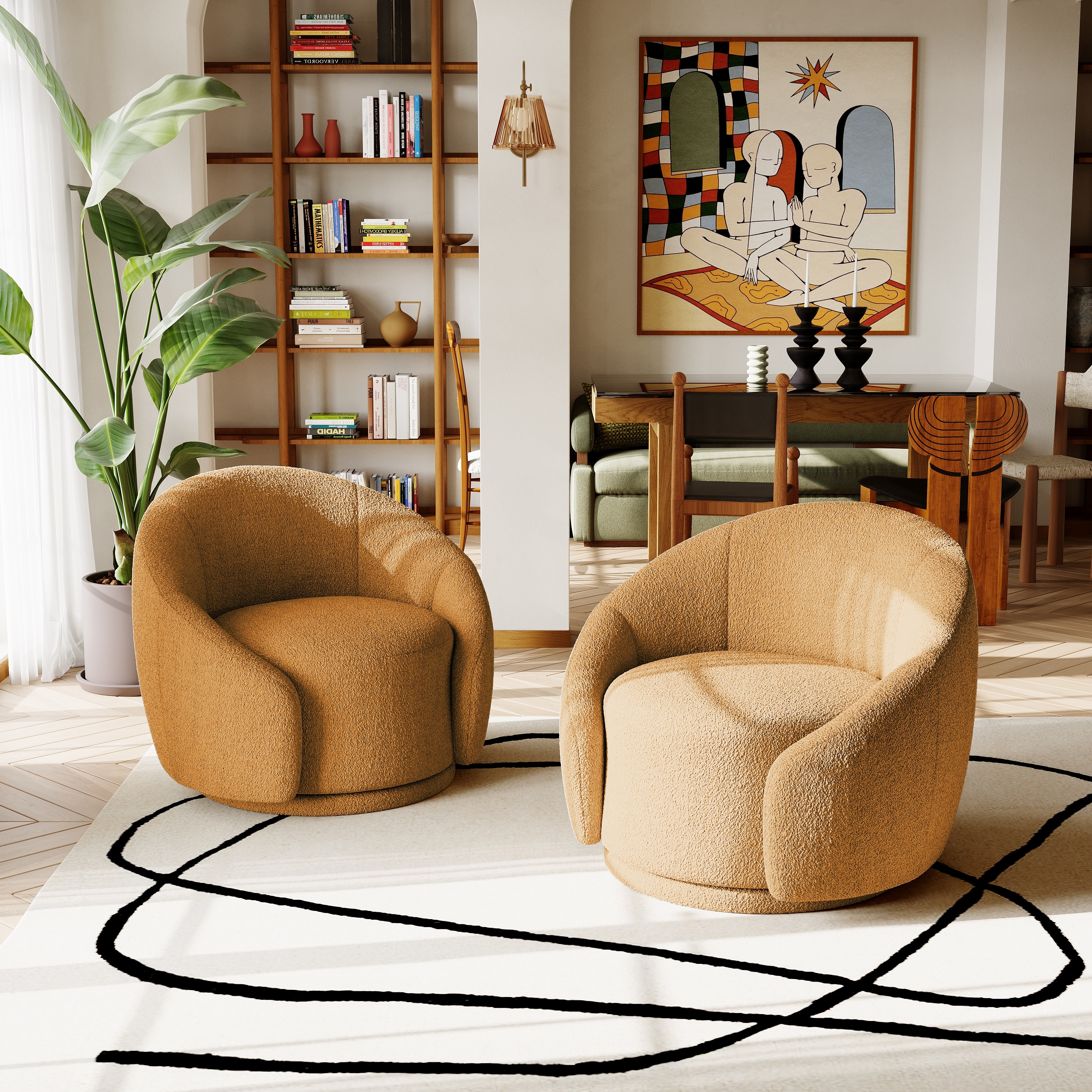 35" Wide 2 Set Velvet/ Boucle Barrel Swivel Chair