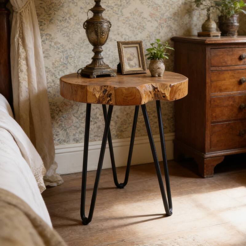 Round Natural Unique Shape Teak Wood End Table with Iron Legs