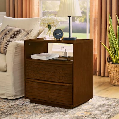 Nightstand with Charging Station,Outlet,and 2 Wood Drawers,for Living Room