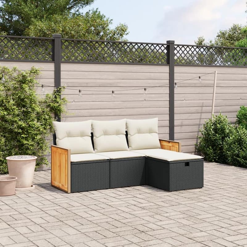 vidaXL Patio Sofa Set with Cushions Outdoor Furniture 4 Piece Poly Rattan - Black and cream without storage - 24.4 x 23.2 x 27.2 in