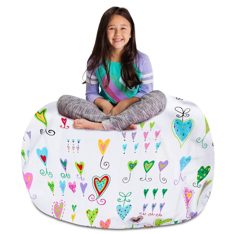 Kids' Stuffed Animal Storage Bean Bag Chair Cover or Toy Organizer - 48 Inches Extra Large - Canvas Multi-colored Hearts on White