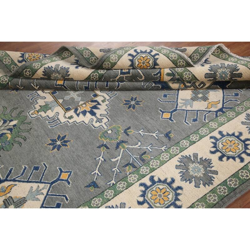 Hand Knotted Oriental 100% Wool Carpet Traditional Geometric Greys & Charcoal Kazak Area Rug - 9' 10'' X 6' 8''