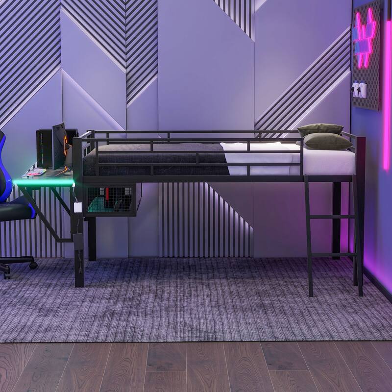 Mid Loft Gaming Bed with Desk, LED Lights, Twin Size, Black