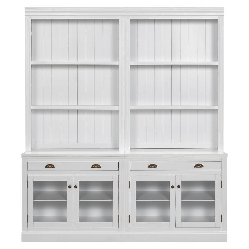 83.4" Large Bookshelf Suite with LED Lighting, 2-Piece Wood Storage Bookcase Set with Glass Doors, Drawers & Open Shelves
