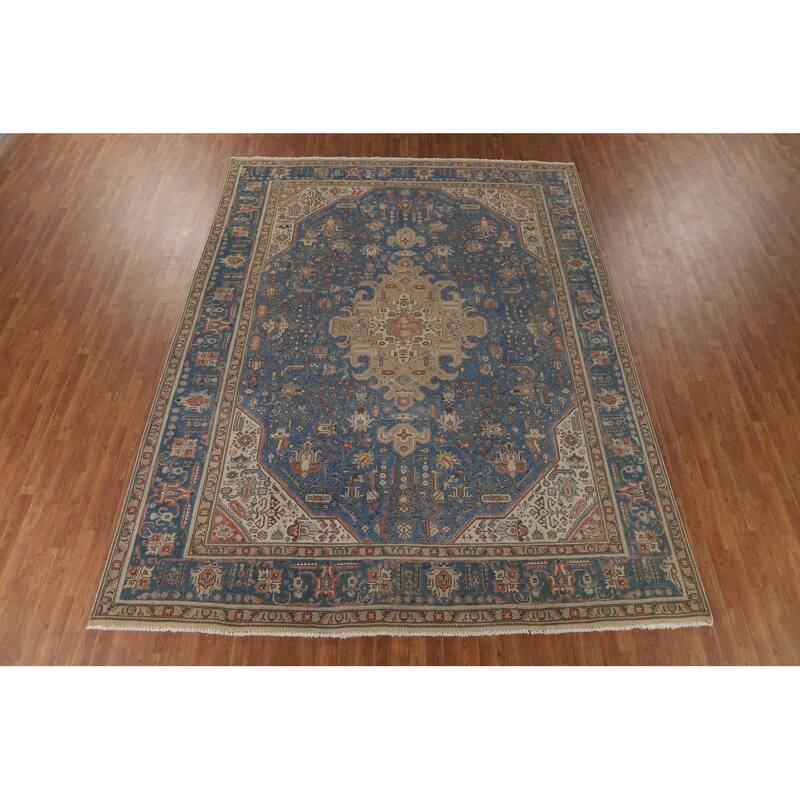Blue Tabriz Vintage Persian Rug Handmade Wool Carpet - 9'10" x 12'9"