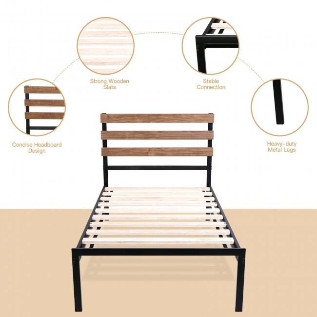 Metal Bed Frame Foundation with Headboard-Twin Size