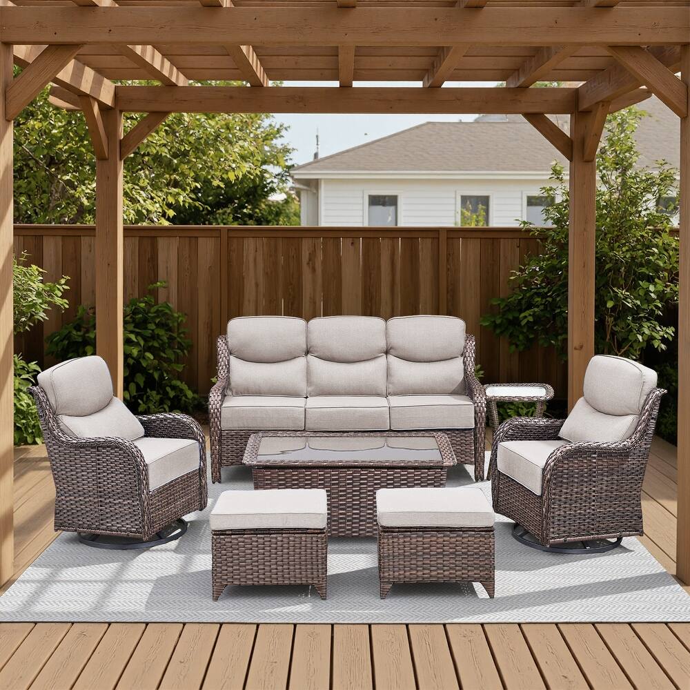 Meyreso 7-Piece Wicker Patio Conversation Set with Swivel Gliders and 6-Inch Thick Cushions
