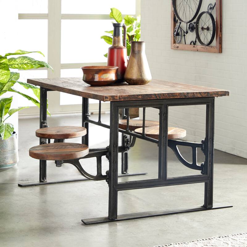 Teak Wood Dining Table with Two Attached Seats - Brown - Roche River Decor