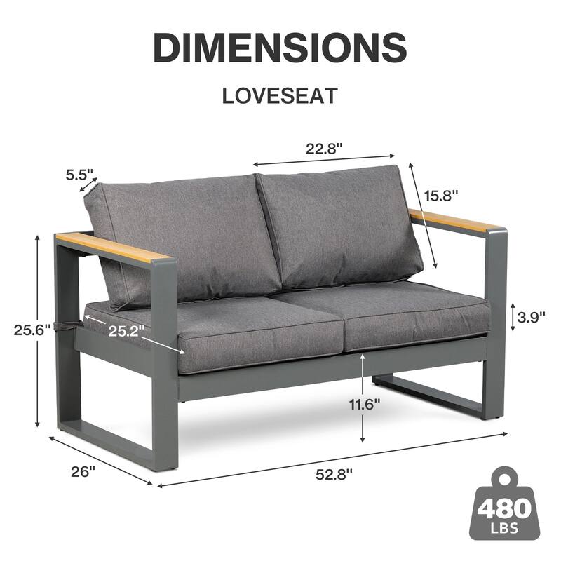 Aoodor Outdoor Aluminum Frame Loveseat with Grey Cushions, 53"W x 26"D x 26"H