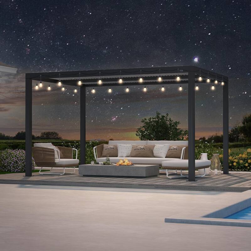 PURPLE LEAF Louvered Pergola with Solar Lights Hardtop Gazebo for Patio - 10' x 16' - Grey Frame & White Roof