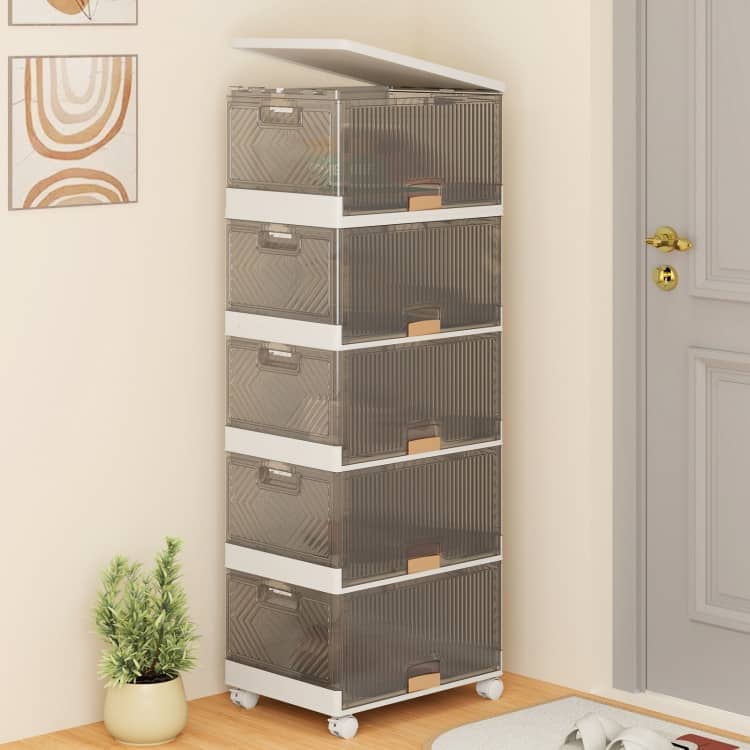 White-Brown PP and ABS Stackable Storage Bin with Wheels, Foldable Cubes