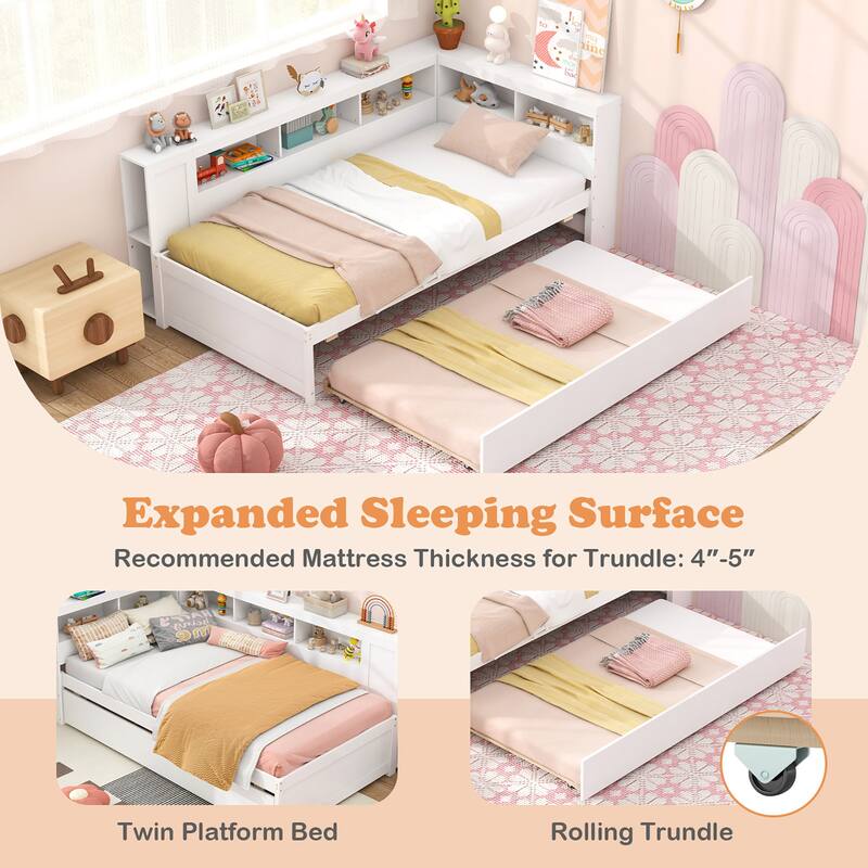 Gymax Twin Size Daybed w/ Trundle Bedside Shelves Reversible Bookcase