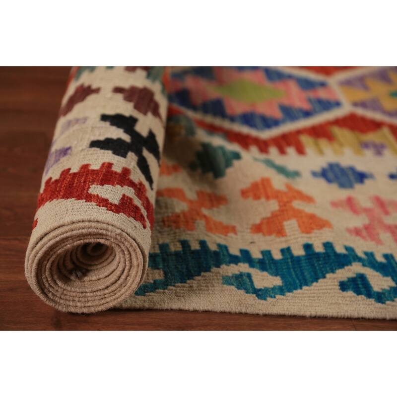 Geometric Kilim Area Rug Hand-Woven Orange Tribal Wool Carpet - 8'10"x 12'0"