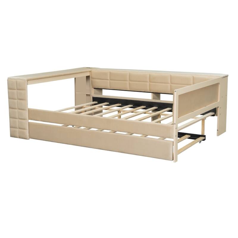 Velvet Full Size Platform Bed with Charging Station and Trundle, Storage Shelves