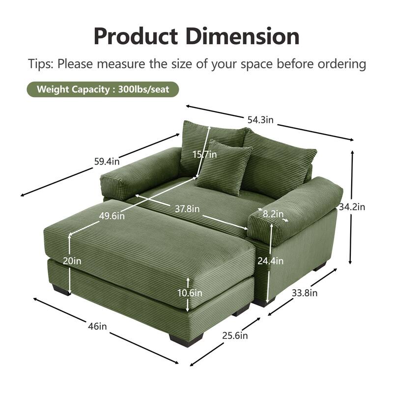 Rossetta Modern 54.3" Oversized Soft Cloud Corduroy Upholstery Extra-Thick Armrests Couch with Throw Pillows, 1 Movable Ottoman