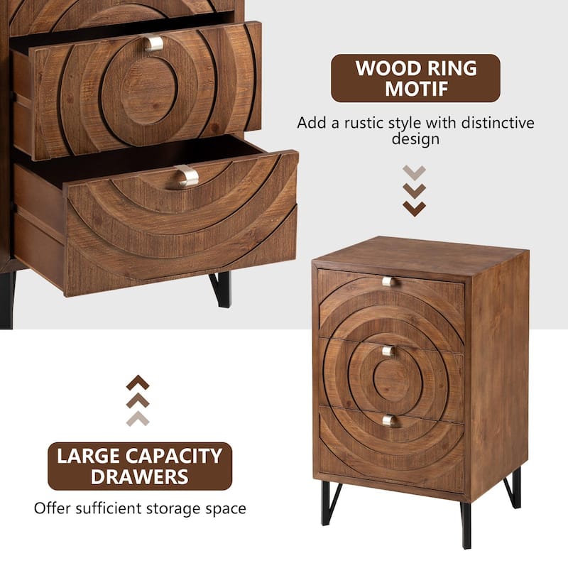 SUNBURY Solid Wood Brown Nightstand with 3-Drawers