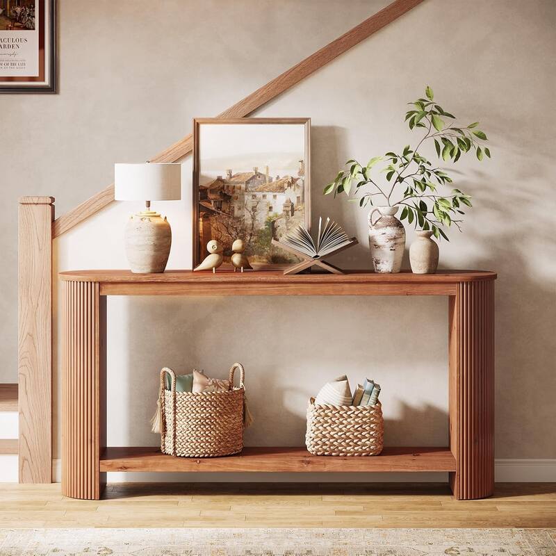 63" Solid Wood Farmhouse 2-Tier Narrow Long Console Table for Entryway - 11.8"D × 63"W × 31.5"H