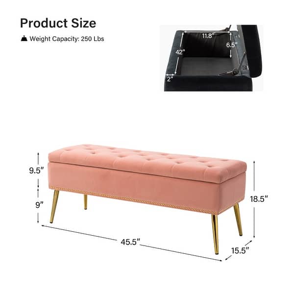 dimension image slide 16 of 19, HULALA HOME Neptunus Modern 45.5" W Velvet Bedroom Storage Bench for End of Bed with Nailhead Trim
