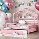 preview thumbnail 14 of 33, Full Size Wooden House Bed Kids Bed with Twin Size Trundle and Shelf Pink