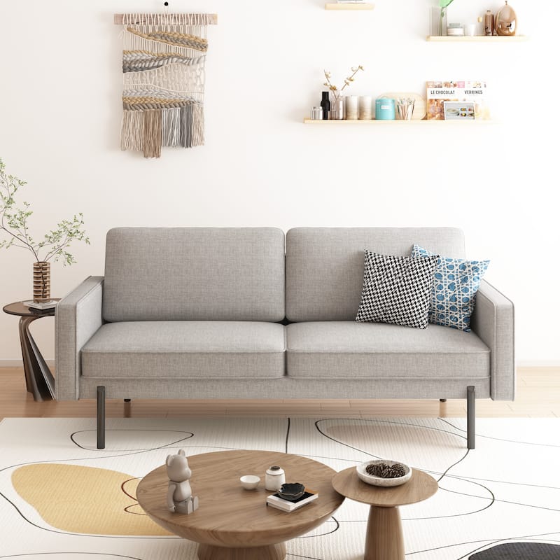 Modern Minimalist Luxe Linen Sofa with Lofted Black Metal Legs - Light Grey