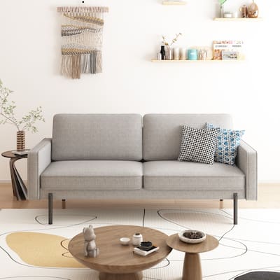 Modern Minimalist Luxe Linen Sofa with Lofted Black Metal Legs