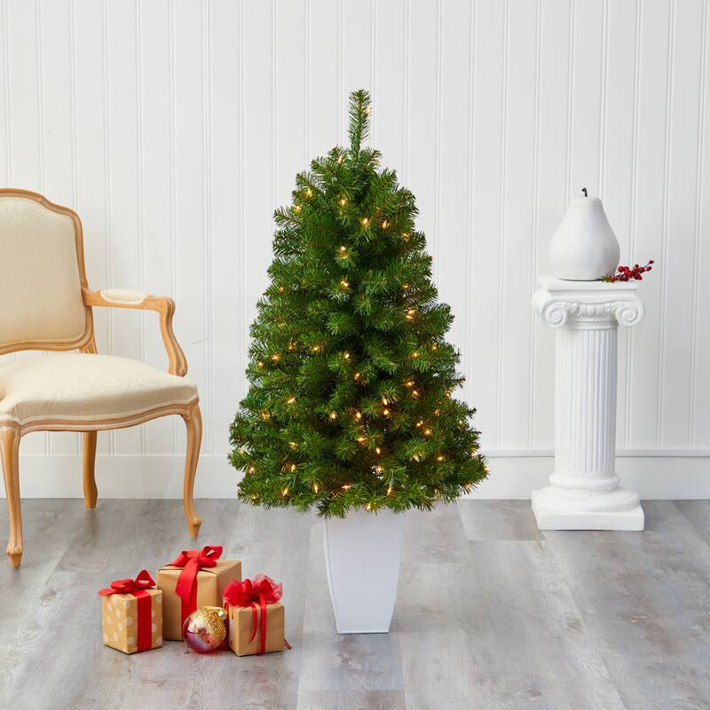 50" Artificial Christmas Tree with 100 Lights in White Metal Planter