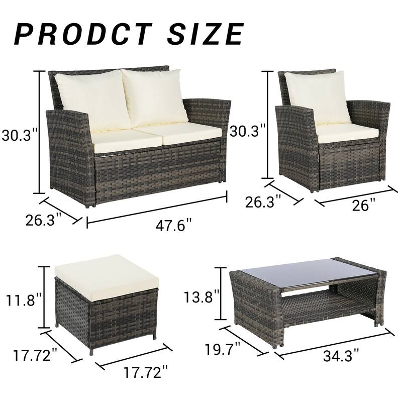 6-Piece Outdoor Patio Rattan Conversation Sofa Set with Tempered Glass Coffee Table