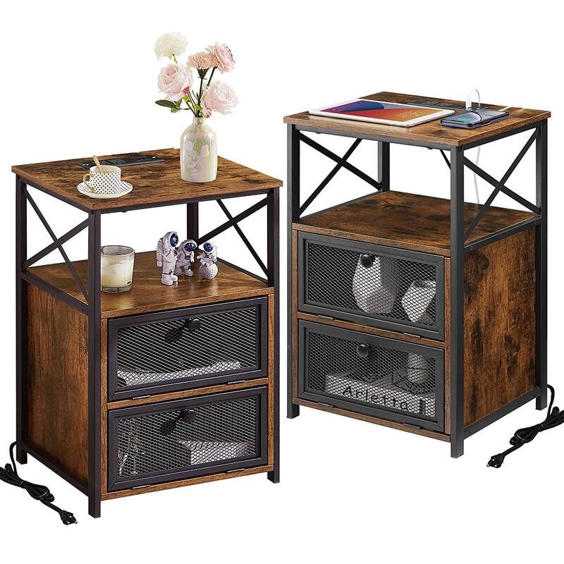 VECELO Modern End Table with 3-tier Storage Shelves, Nightstands with Charging Station(Nightstand Set of 2)