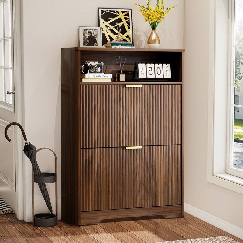 40" Tall Shoe Cabinet Storage for Entryway, Free Standing Organizer with Two Hidden Flip Drawers
