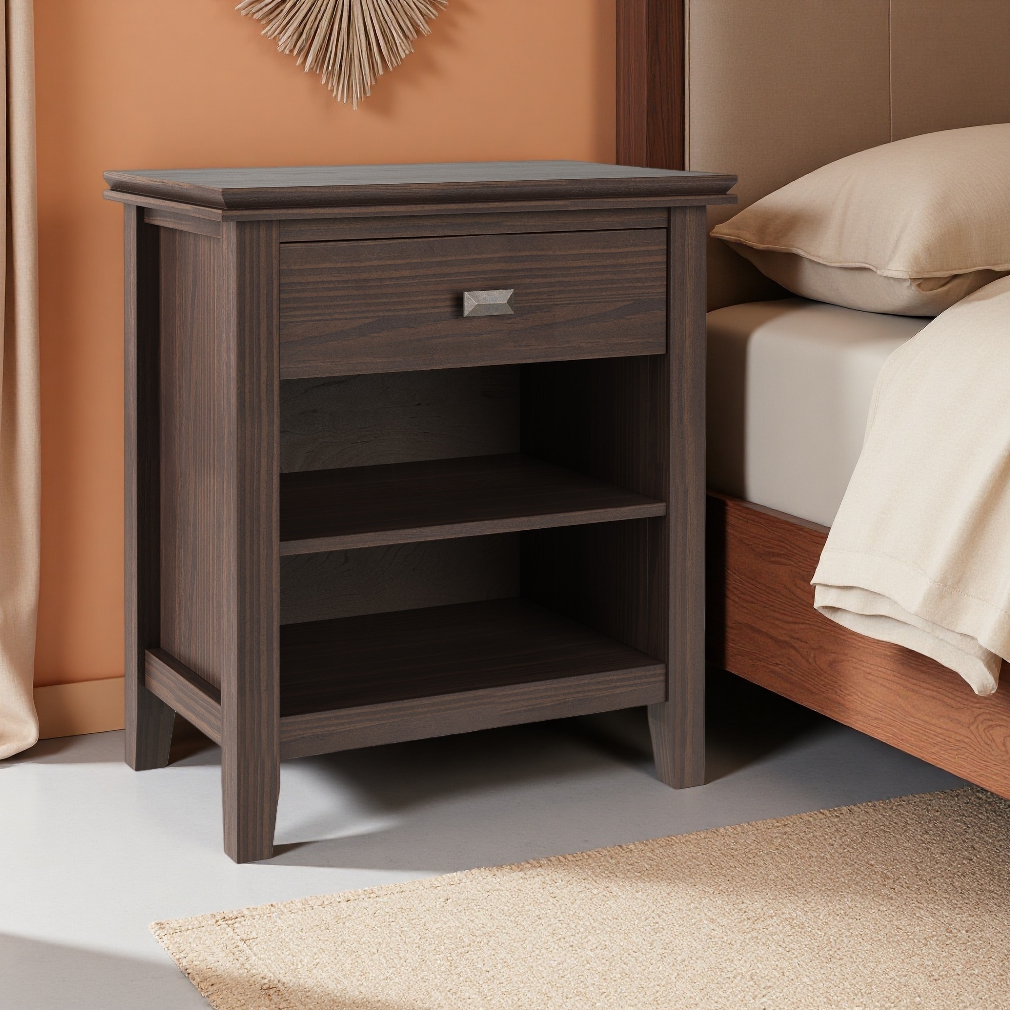 24"L Solid & Engineered Wood Bedside Table, 1-Drawer Nightstand with Open Bottom Shelf, Rustic Finish, Transitional Design
