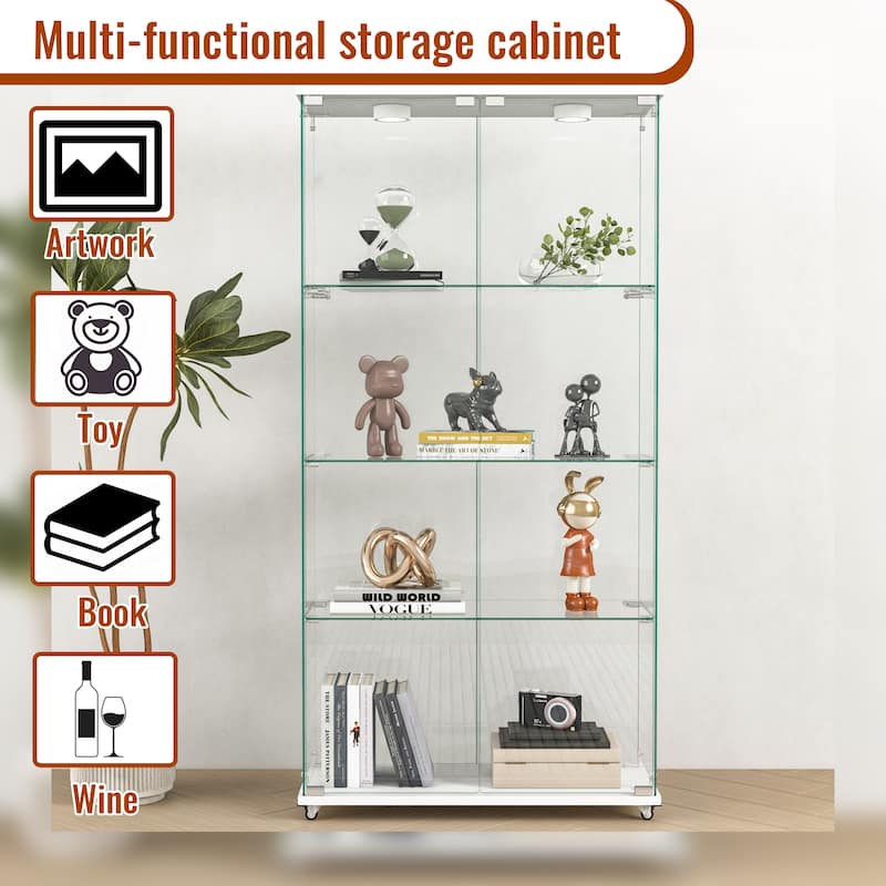 Modern 2-Door Glass Display Cabinet with LED Lights, 4-Shelf Tempered Glass Showcase for Collectibles and Storage