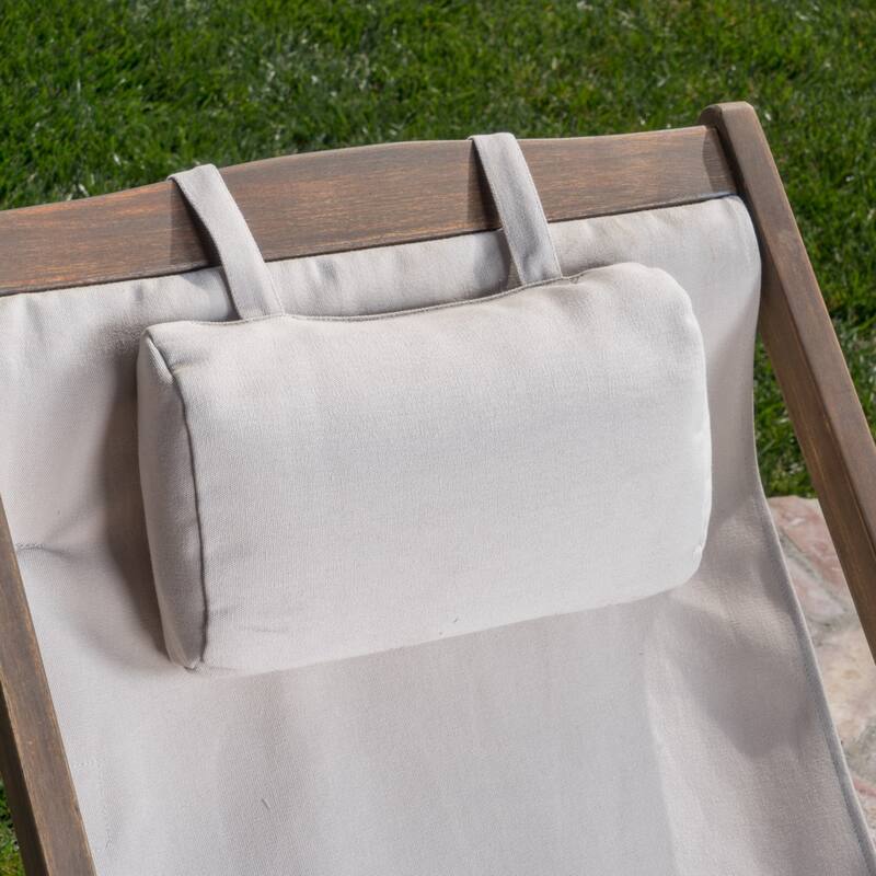 Canvas sling chair with wooden frame and pillow, set of 2