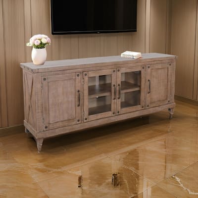 Anva TV Media Console, Shelves, Doors, Light Brown Mahogany, 74 Inch