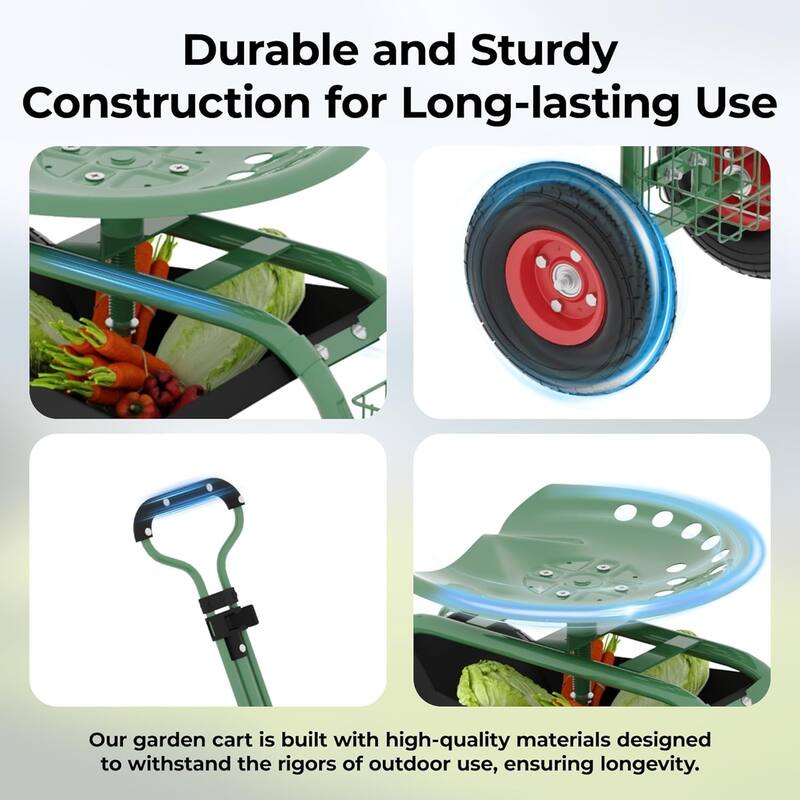 Garden Cart with Seat on Wheels Rolling Gardening Stool for Planting Weeding Lawn Care Green