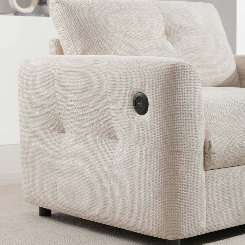 Chenille Single Sofa,Armchair with Wide Seat,Dual-port Charger,Pull-line Tufted Design & High-density Foam