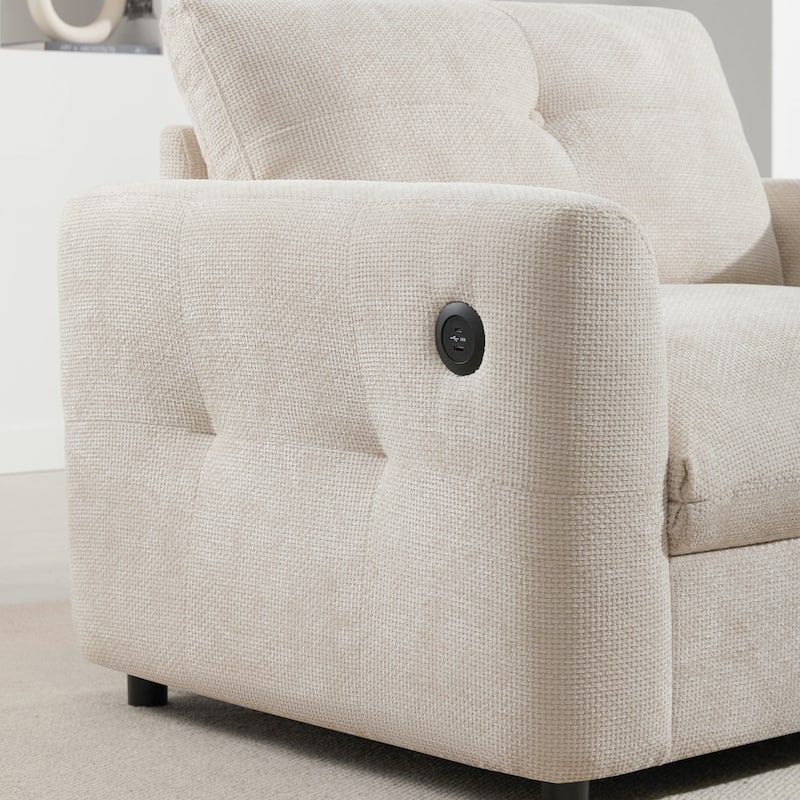 Single Sofa Chair with Dual-Port Charger, Chenille Tufted Upholstered Lounge Chair, Comfy High-Density Foam Armchair