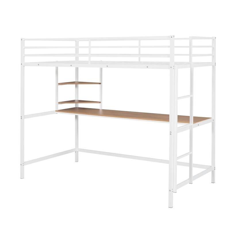 Twin Metal Loft Bed with Desk and Shelves, Space-Saving Design, Sturdy Frame