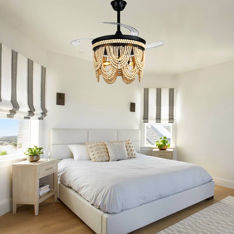 Cusp Barn 42 Inch Boho Retractable Ceiling Fan with Remote, Coastal 6 Speeds Fandelier, Farmhouse Caged Wood Beaded Ceiling Fan