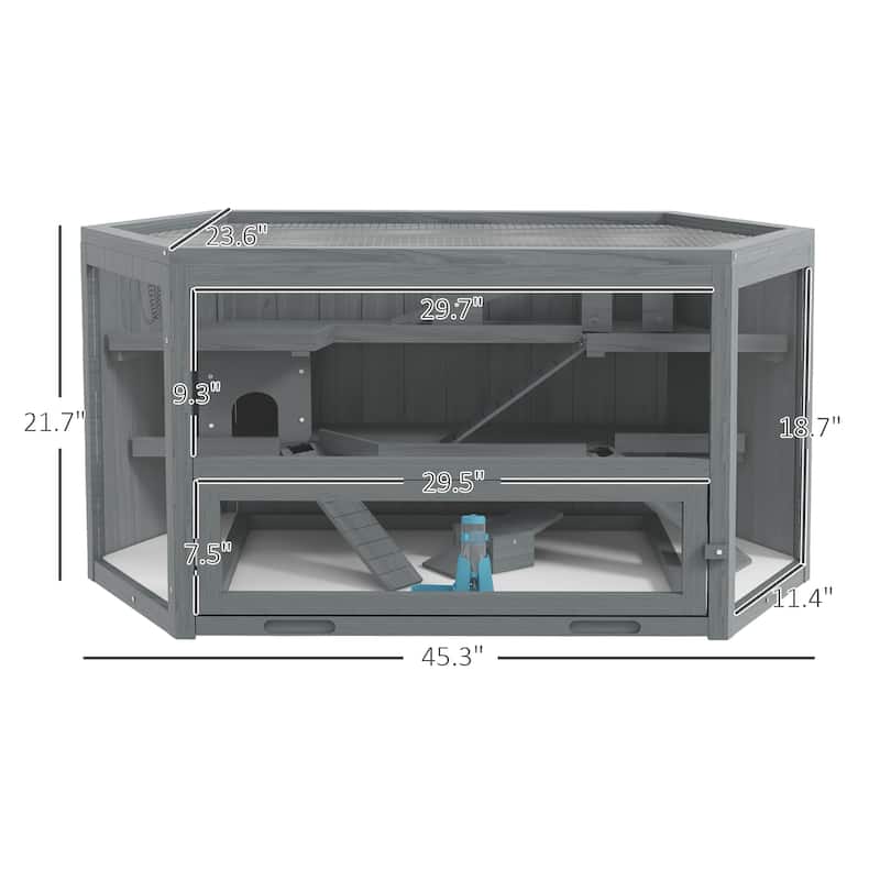 Grey Fir Wood 3-Tier Hamster Cage with Clear Walls and Seesaw Toy - 45.3" L x 23.6" W x 21.7" H