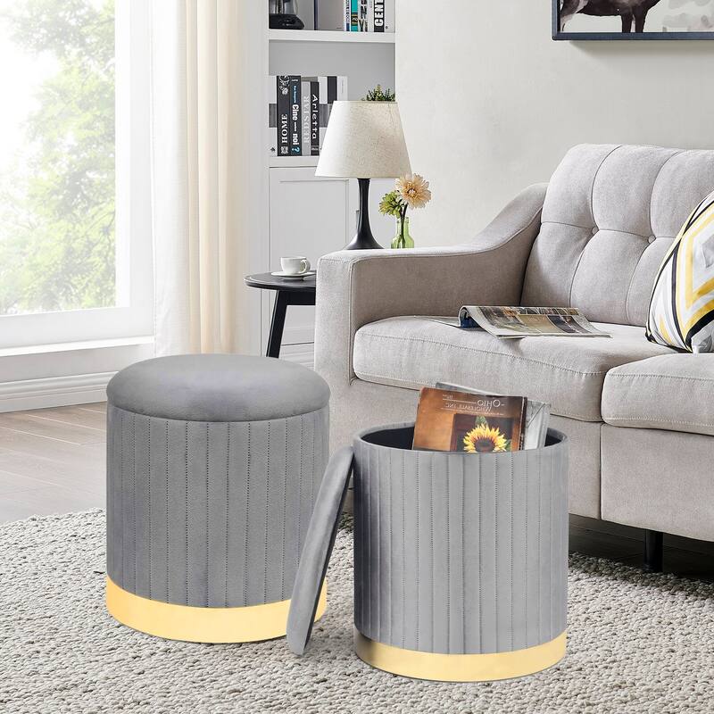 Adeco Round Velvet Storage Ottoman Vanity Stool Footstool (Pack of 2)