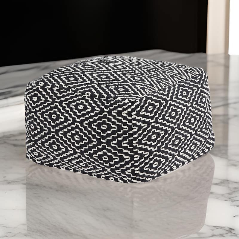 Sena 22 Inch Ottoman Pouf, Handwoven Pattern, Cotton Cover, Black White