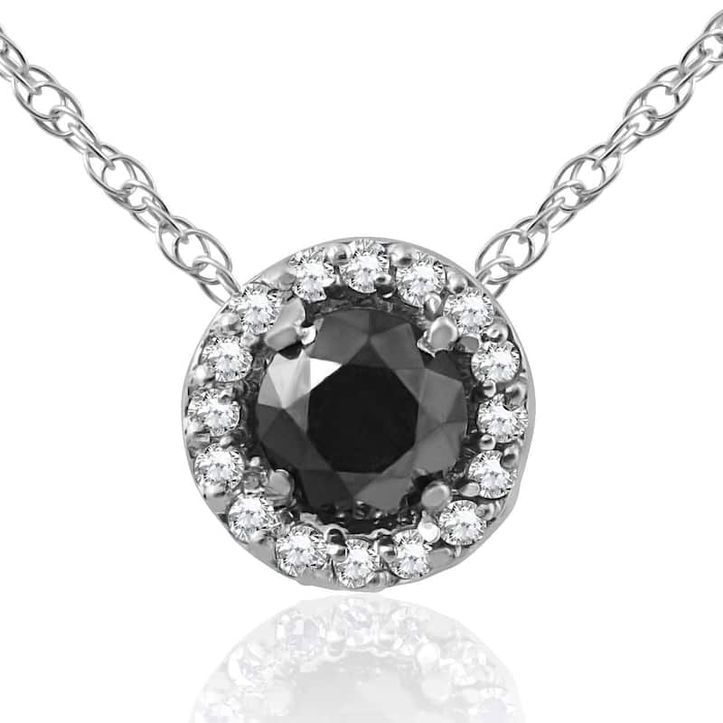 3/8 ct Black & White Diamond Pave Halo Solitaire Pendant Necklace Whte Gold