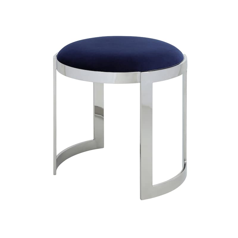 Niyo 19 Inch Accent Stool Ottoman, Round Seat, Soft Blue Velvet, Silver